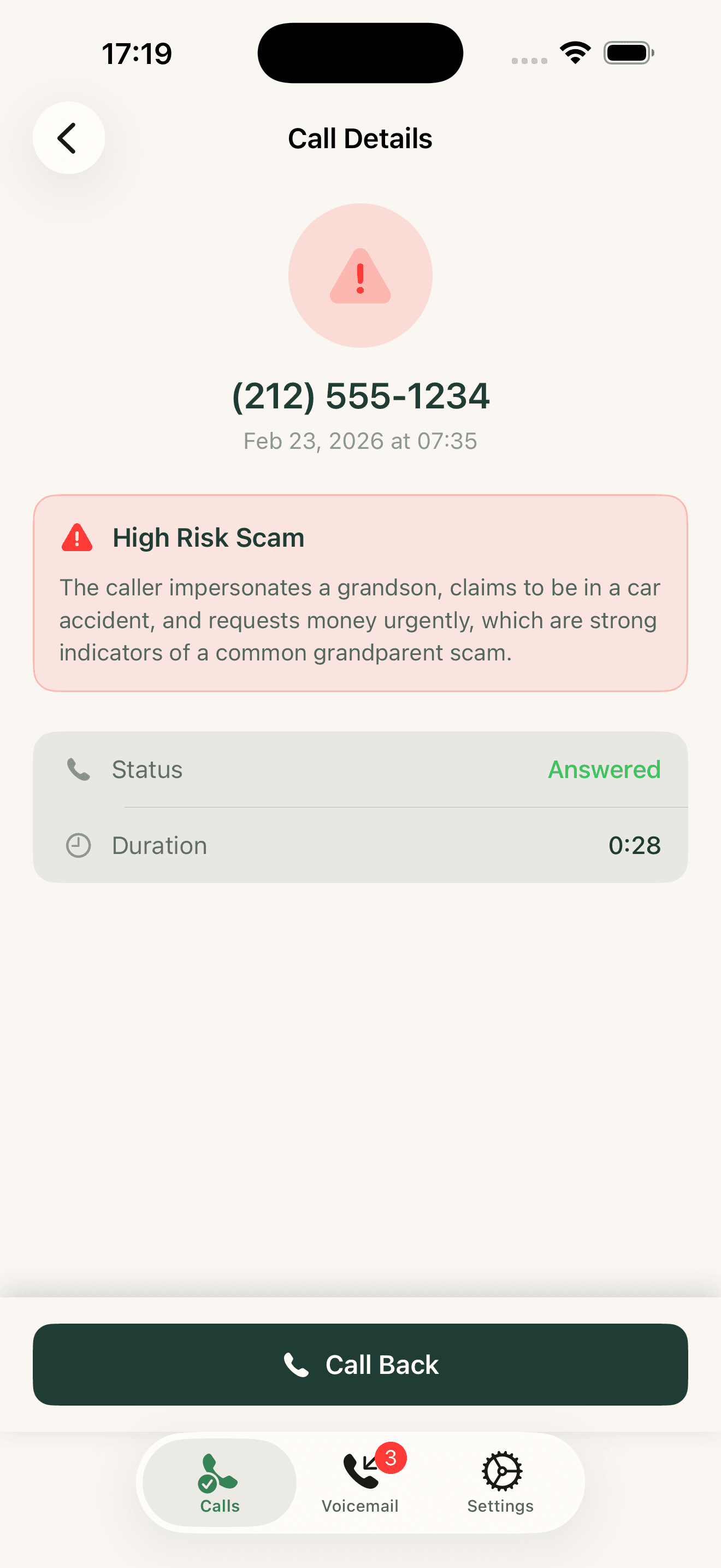 VoxSafe scam warning showing a high risk call detected